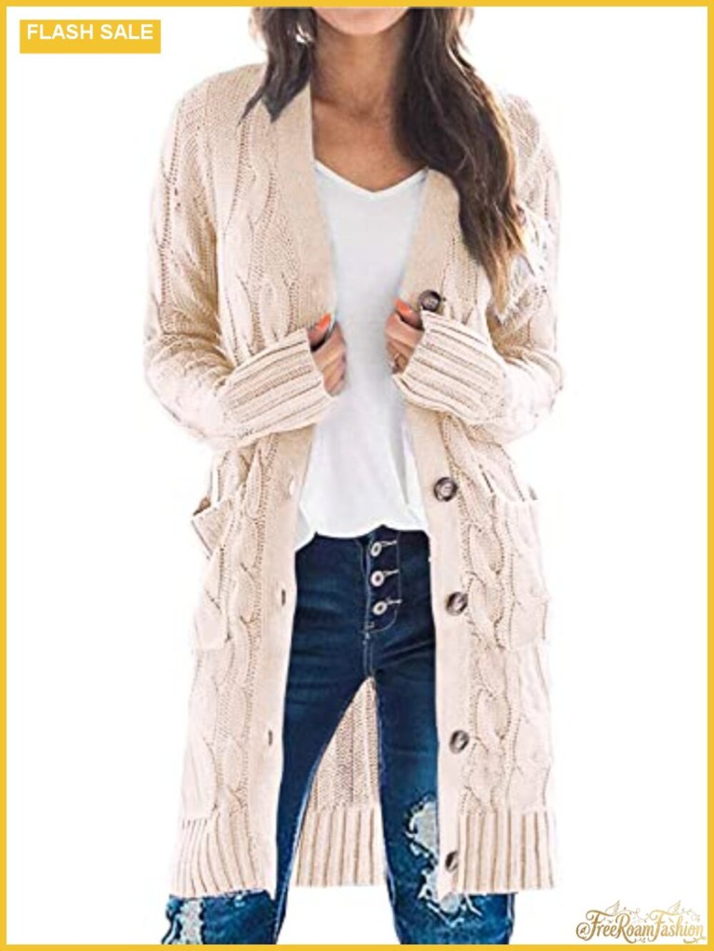 Cable Knit Button Long Cardigan Sweater with Pockets